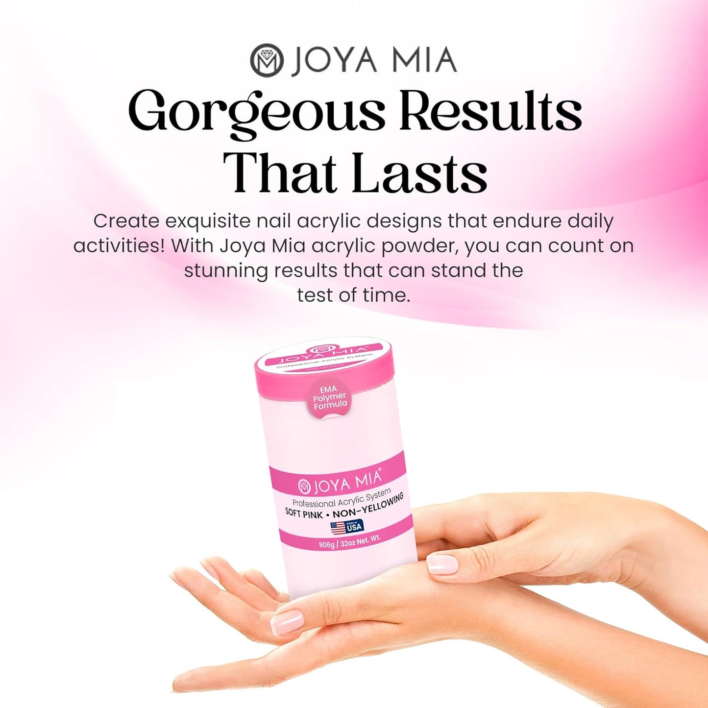 Joya Mia Acrylic Powder for Nails, MMA-Free, Super Adhesion Professional Powder for Flawless & Long-Lasting Nail Enhancements, Easy Application, Vibrant & Stunning Colors - Soft Pink, 32 oz