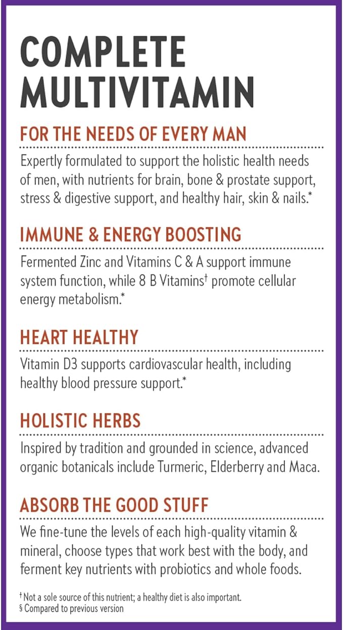 New Chapter Men's Multivitamin for Immune, Stress, Heart + Energy Support with Fermented Nutrients - Every Man's One Daily, Made with Organic Vegetables & Herbs, Non-GMO, Gluten Free - 72 ct