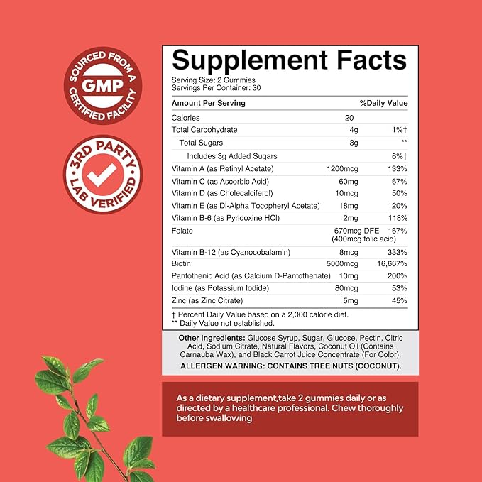 Natural Biotin Gummies for Hair Growth - Biotin Vitamins Hair Skin and Nails Gummies for Women and Men - Biotin Hair Growth Vitamins for Women with Pantothenic Acid and Biotin Hair Gummies