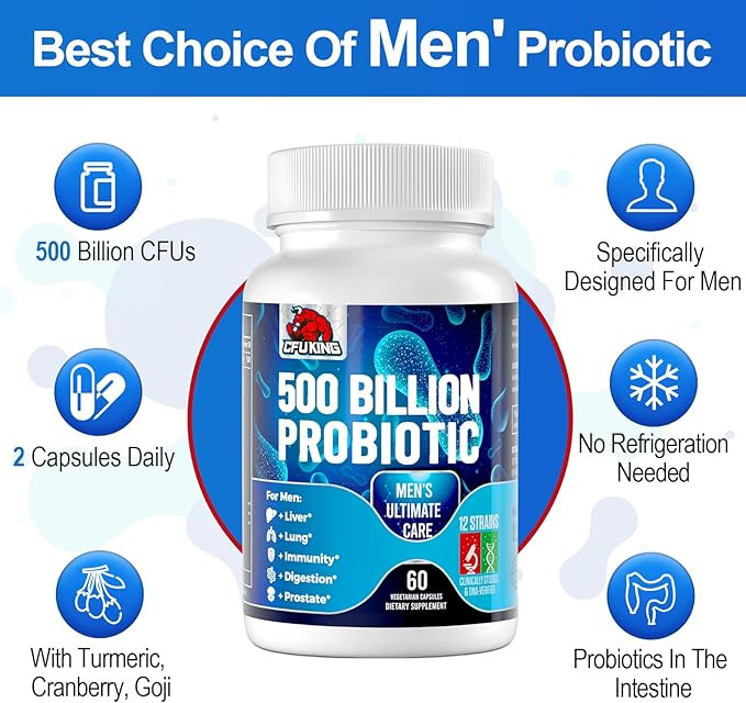 Probiotics for Men, 500 Billion CFU & 12 Strains Mens Probiotic, Men Probiotics with Turmeric, Cranberry, Goji, Gut Health for Men, Probiotics for Men Digestive Health, Immune Bloating, 120-Day Supply