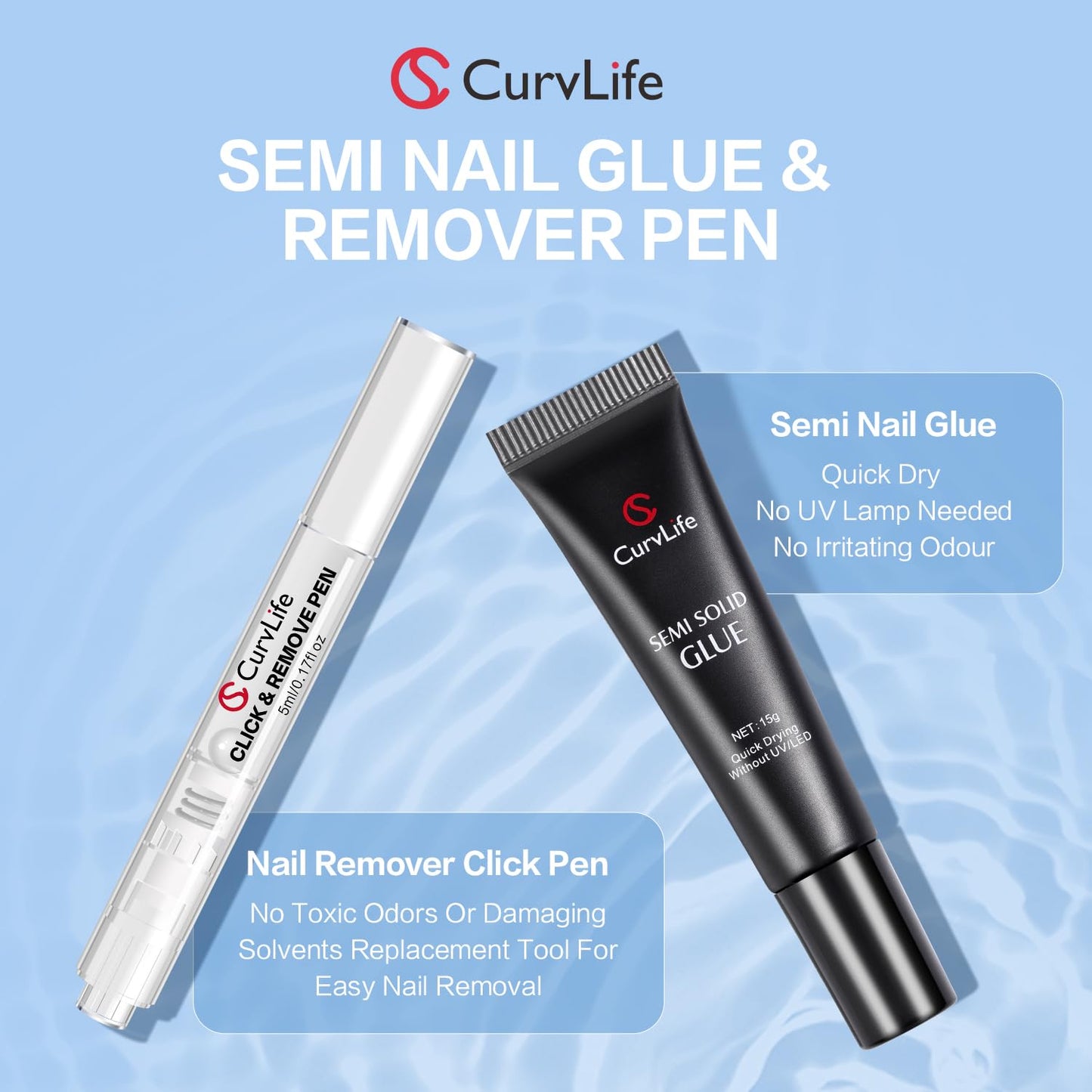 Curvlife 15g Semi Solid Nail Glue Gel with 5ml 3 in 1Nail Glue Remover, No Need for Uv Light, Gel for Press On Nails, Click&Remove Pen Design