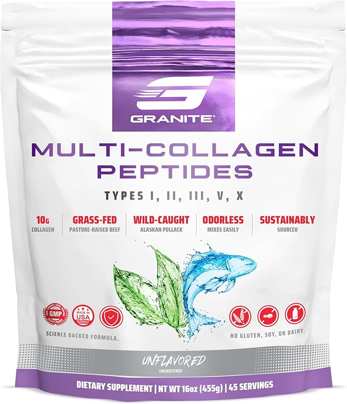 Granite Supplements Collagen Peptides Powder - Hair Skin and Nails Vitamins with Type I, II, III, V, X Hydrolyzed Collagen Peptides for Nail Growth, Bone, Joint Support Supplement for Mobility, 16oz