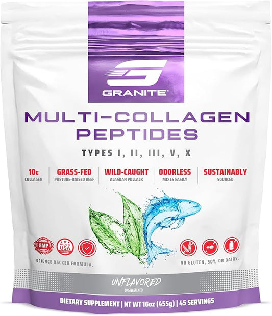 Granite Supplements Collagen Peptides Powder - Hair Skin and Nails Vitamins with Type I, II, III, V, X Hydrolyzed Collagen Peptides for Nail Growth, Bone, Joint Support Supplement for Mobility, 16oz