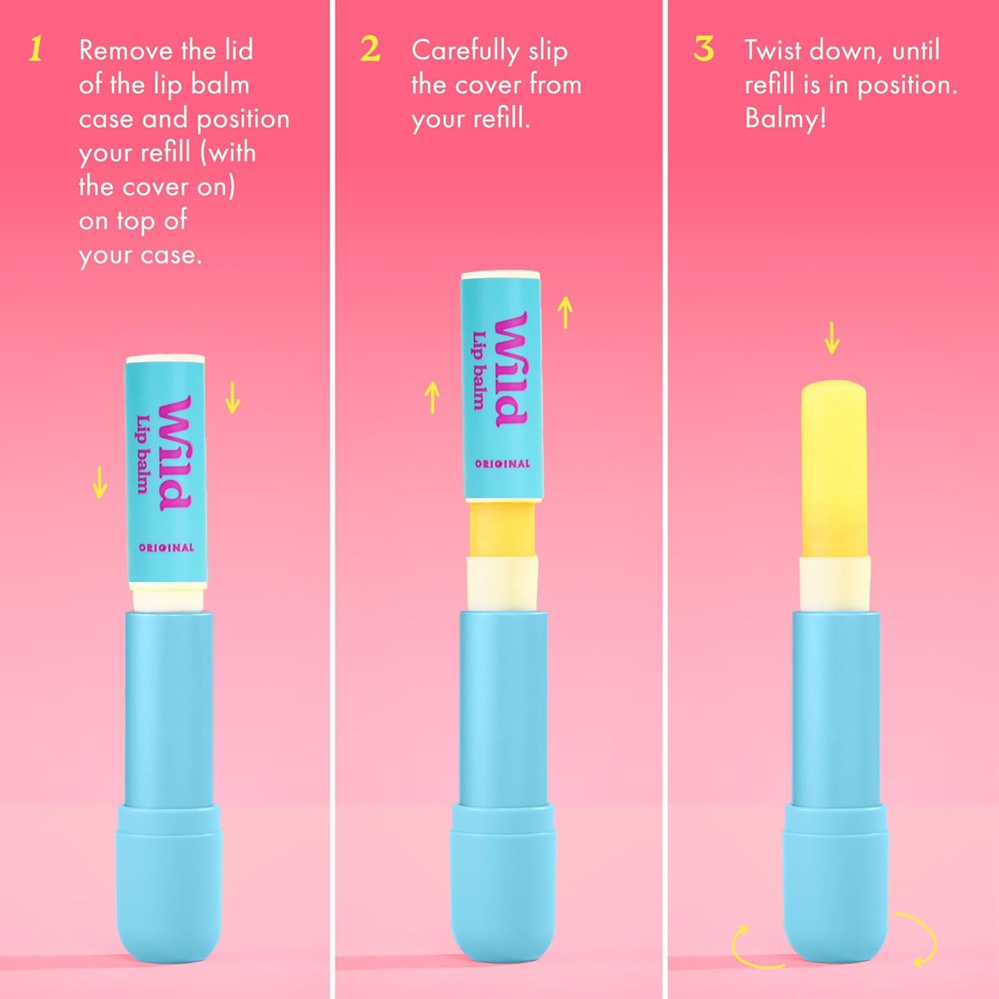 Wild Refillable Lip Balm Starter Kit - Includes Blue Aluminum Case & 3 Pack Lip Balm Refills in a Variety of Scents - Includes Coconut & Vanilla, Passionfruit Swirl & Watermelon Flavors