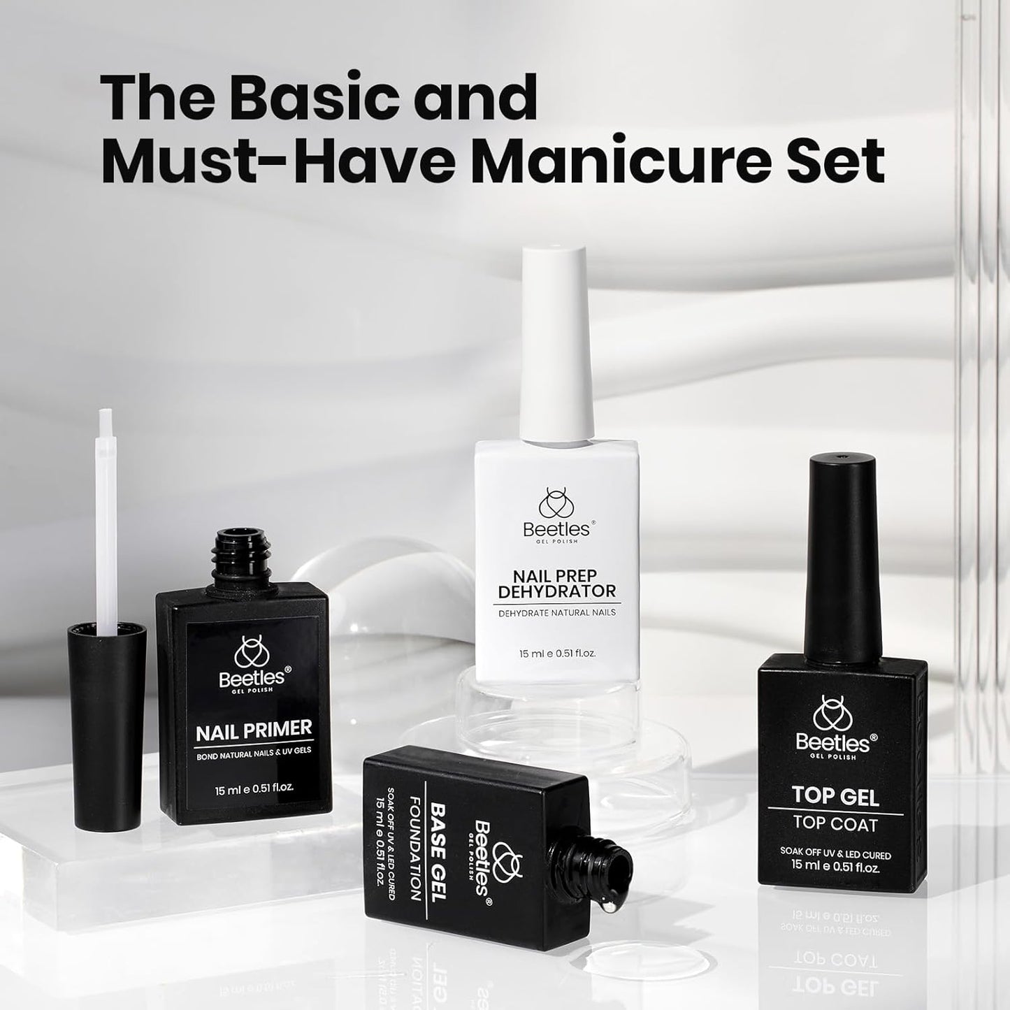 Beetles 4Pcs Gel Top Coat and Base Coat with Nail Dehydrator and Primer Set - Acid-Free & Hema-Free Nail Bond for Gel Polish & Acrylic Nails, Long-Lasting for Professional Manicure Prep Kit