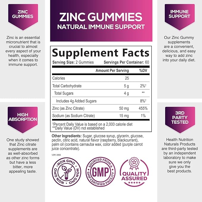 Zinc Gummy for Adults 50mg, Max Strength Bone, Skin & Immune Support Zinc Gummies, Vegan, Non-GMO & Gluten Free, Immune Health Support, Nature’s Antioxidant Chewable Zinc Vitamins - 120 Gummies