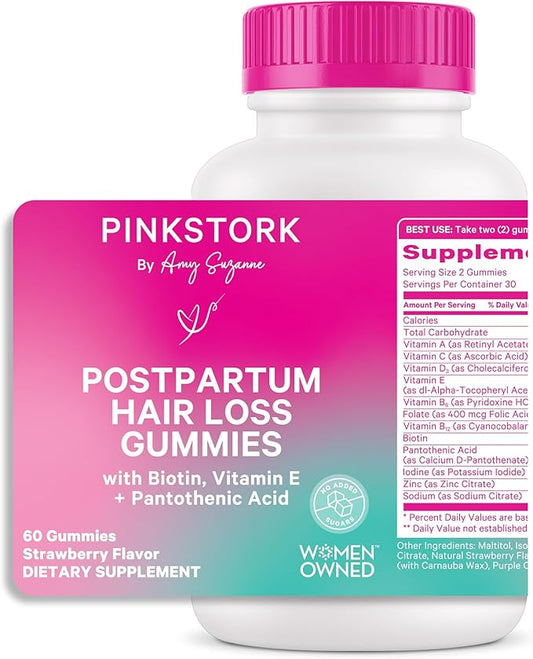 Pink Stork Postpartum Hair Loss Gummies - Biotin with Vitamin E, Pantothenic Acid, B6 & B12 for Beautiful & Strong Hair, Skin, and Nails - Postpartum Essentials for New Moms - 60 Gummy Vitamins
