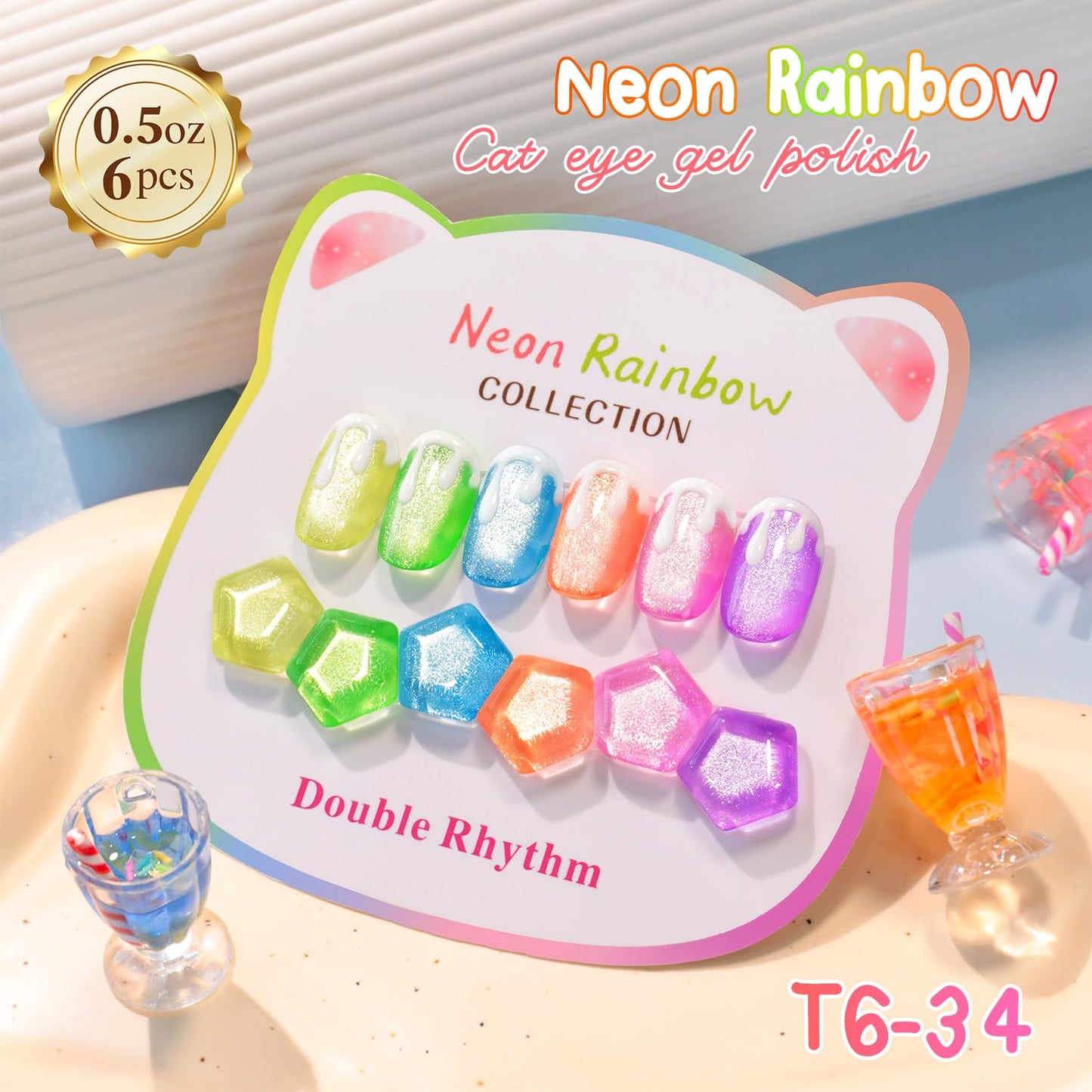 Double Rhythm Cat Eye Gel Nail Polish Set of 6 Same Color Same Bottle 0.5 Oz Shimmer Glitter with Magnet Holographic Reflective Magnetic UV Polish Kit at Home (Neon Orange Red Blue Green-T6-34)