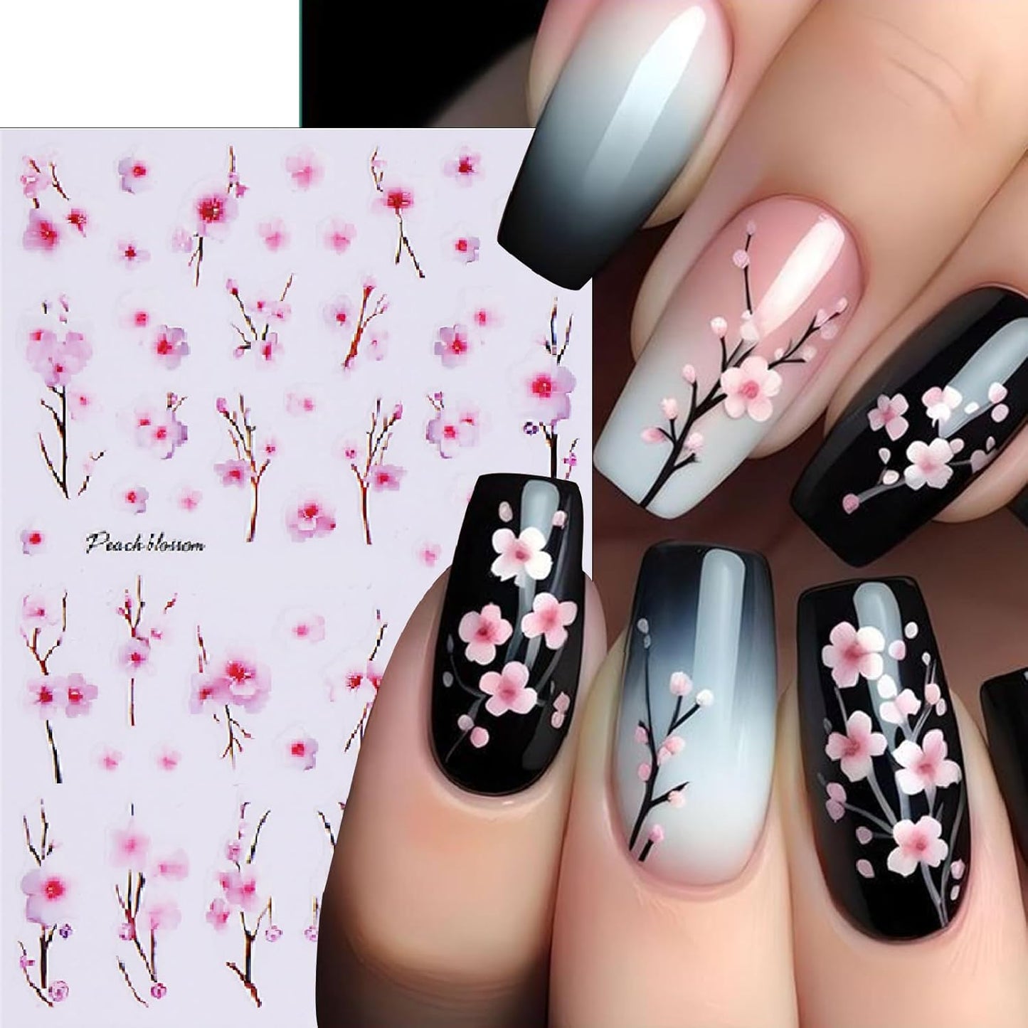8 Sheets Spring Butterfly Nail Stickers Peach Blossom Nail Art Stickers 3D Self-Adhesive Nail Decals Colorful French Butterfly Petals Leaves Nail Design for Women Girls Spring Summer Nail Decoration