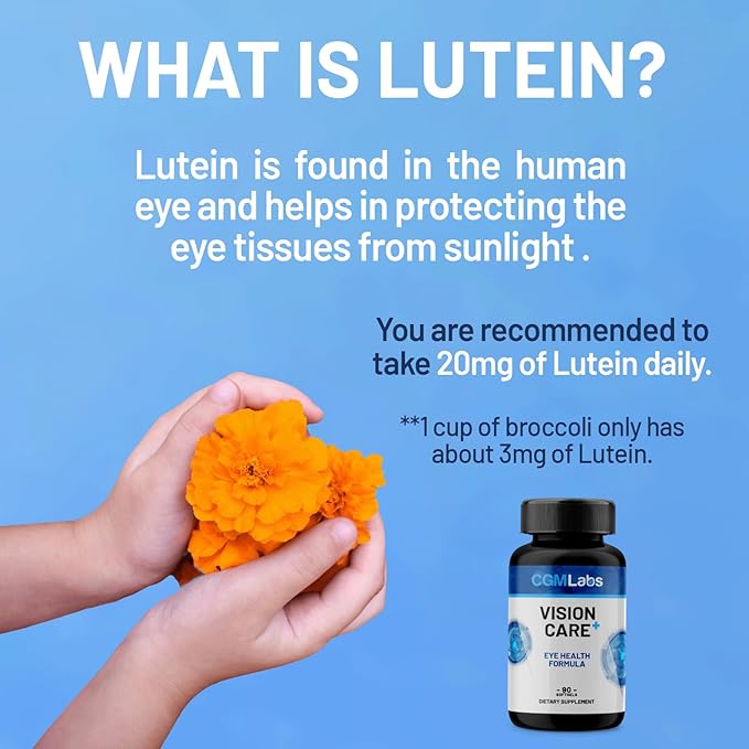 Vison Care Plus - Complete Dietary Supplement for Your Vision- Lutein 20mg, Zeaxanthin, Vitamin A, Bilberry Extract - 90 Softgels by CGM Labs