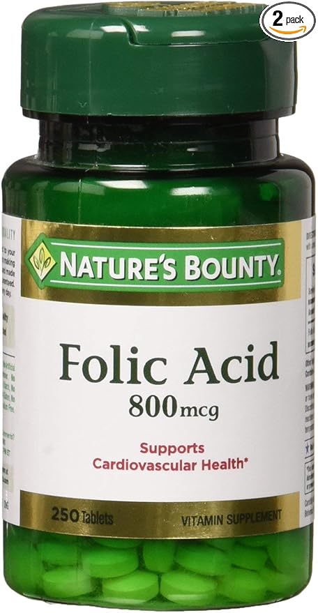 Nature's Bounty Folic Acid 800 mcg Tablets Maximum Strength 250 ea (Pack of 2)