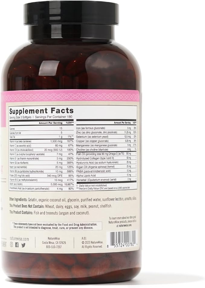 NatureWise Hair Skin and Nails Vitamin, Biotin 5000mcg w/Hyaluronic Acid, Collagen for Women with C, B Complex, D3, A, E, Iron - Non-GMO, Gluten Free - 540 Softgels[6-Month Supply]