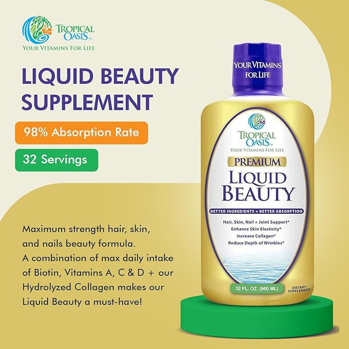 Tropical Oasis - Liquid Beauty | Supplement for Hair, Skin, & Nail Growth, Weight Control, Joint Support - Biotin + Hydrolyzed Collagen (32 Servings)