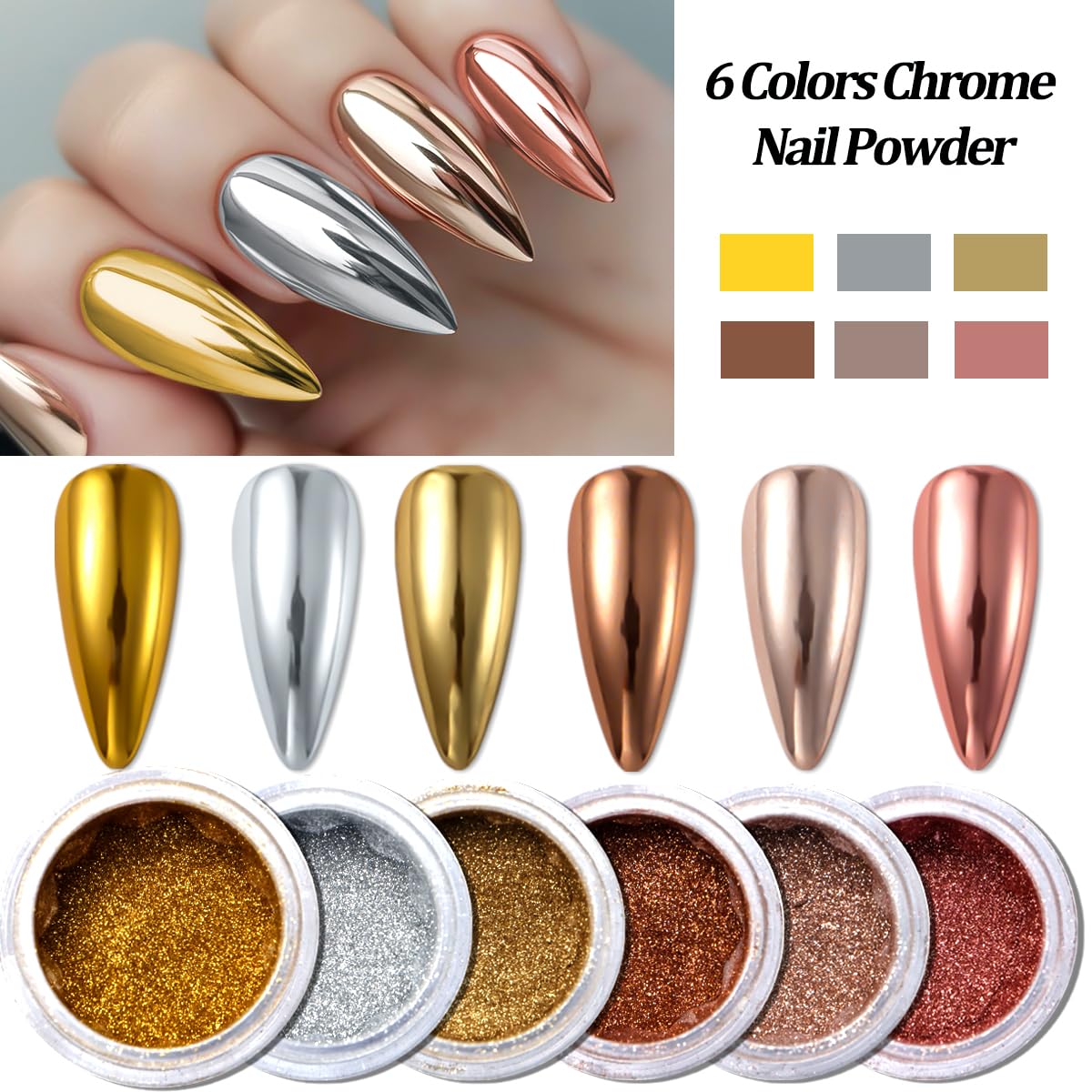 Chrome Nail Powder Metallic Gold And Silver, Magic Mirror Effect Pigment Glitter Rubbing Dust, 3D Carving Nail Molding Gel & Holographic Dip Nail Powder Kit for Nail Decor Home Manicure DIY