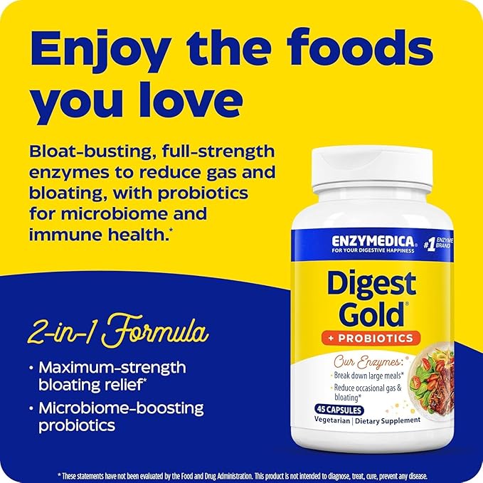 Enzymedica Digest Gold + Probiotics, 2-in-1 Formula for Gut Health, Digestive Enzymes & 1.5 Billion Active Probiotic Cultures, 45 Count