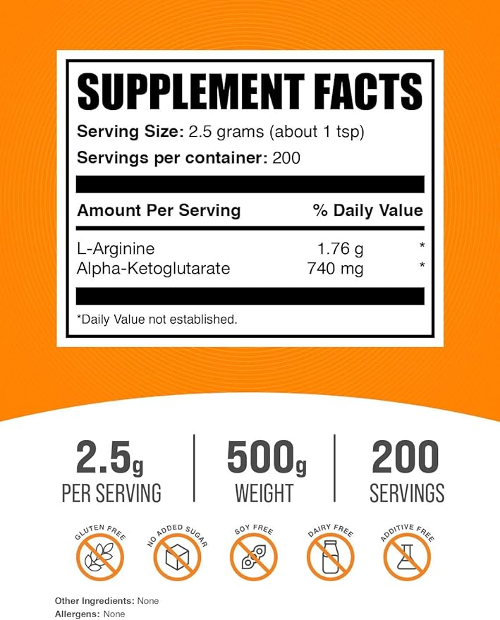 BulkSupplements.com AAKG Powder - Arginine Alpha-Ketoglutarate, AKG Supplement - Arginine Supplement, Unflavored & Gluten Free, 2500mg per Serving, 500g (1.1 lbs) (Pack of 1)
