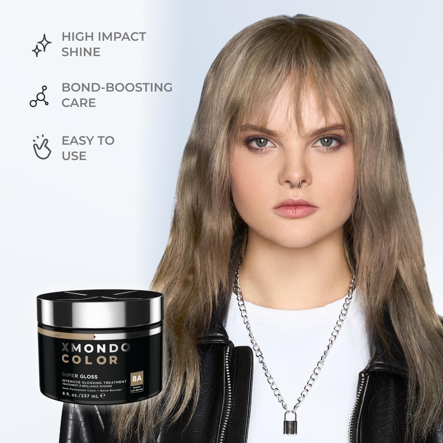 XMONDO Color Ash Blonde Color Depositing Mask & Semi-Permanent Hair Dye Super Gloss Infused with Bond Boosters for Nourishment, Revitalize & Repair, Vegan Formula, 8 Fl Oz