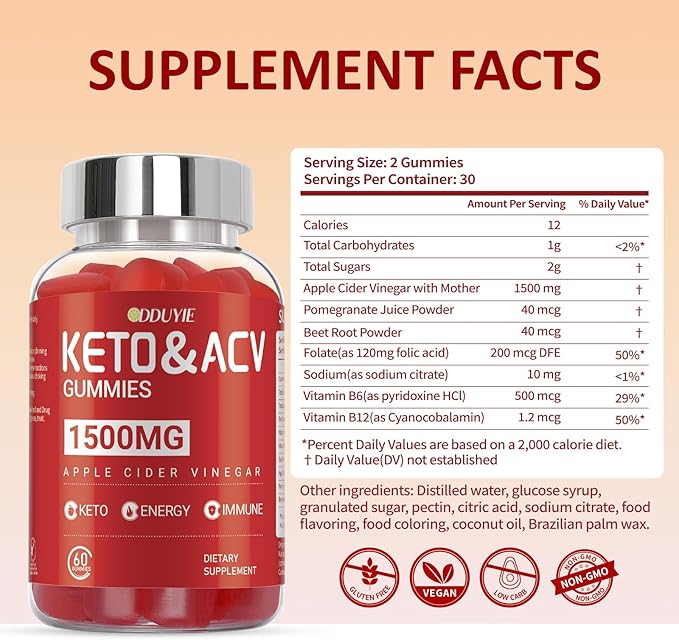 (2 Pack) Keto ACV Gummies - 1500mg Apple Cider Vnegar Gummies - with Pomegranate Beetroot & Vitamin B12 B6 - GMO Free & Made in USA - 120 Count