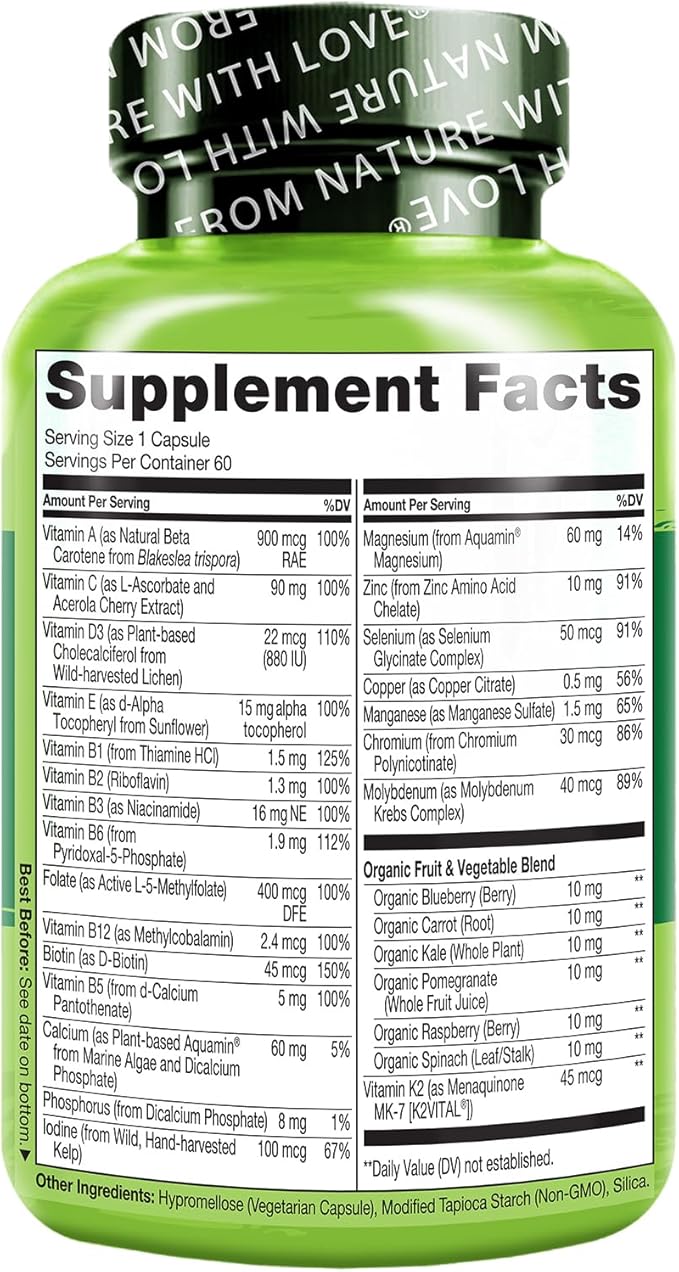 NATURELO One Daily Multivitamin for Women 50+ (Iron Free) - Menopause Support for Women Over 50 - Whole Food Supplement - Non-GMO - No Soy - 60 Capsules - 2 Month Supply