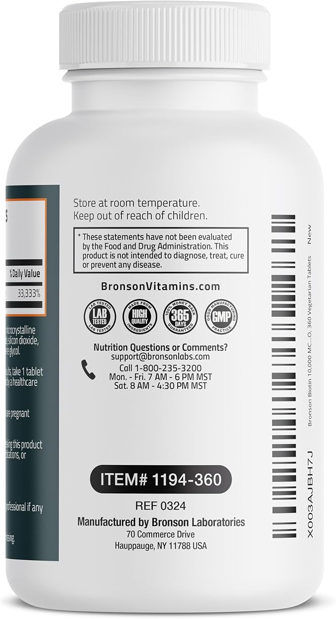 Bronson Biotin 10,000 MCG Supports Healthy Hair, Skin & Nails & Energy Production - High Potency Beauty Support - Non-GMO, 360 Vegetarian Tablets