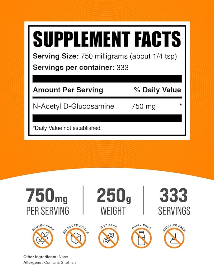 BulkSupplements.com N-Acetyl Glucosamine Powder - NAG Powder, Glucosamine 750mg, Glucosamine Supplement - Glucosamine Powder, Gluten Free, 750mg of per Serving, 250g (8.8 oz) (Pack of 1)
