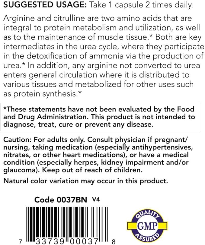 Arginine & Citrulline 500/250mg - 120 Capsules (2 Pack)