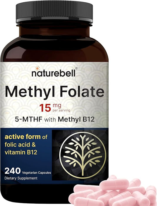 NatureBell L Methylfolate 15mg, 240 Veggie Capsules | 5-MTHF with Methyl B12 1,000mcg | High Potency Dual Action for Energy & Cognitive Support, Active Folic Acid – Methyl Folate Supplement
