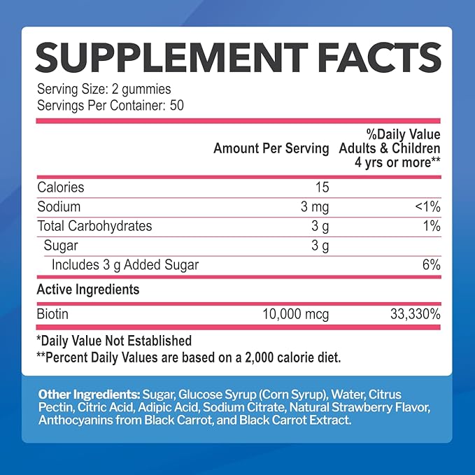 Biotin 10,000mcg Gummies for Women & Men (100 Count) - 2x Extra Strength Biotin for Hair Growth, Skin & Nails - Gluten-Free, Vegan, Non-GMO, Great Tasting Strawberry Flavor - 100 Gummies