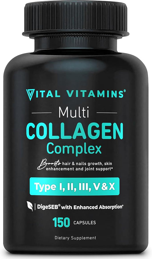 Vital Vitamins Collagen for Women & Men - Type I, II, III, V, X Multi Collagen Pills - Grass Fed, Non-GMO - 150 Capsules