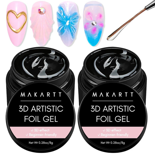 Makartt Nail Foil Glue: 3D Gel Nail Art, 2Pcs 8ml Nails Transfer Gel Adhesive for Linear, Shell, Ripple Designs, UV LED Lamp Required