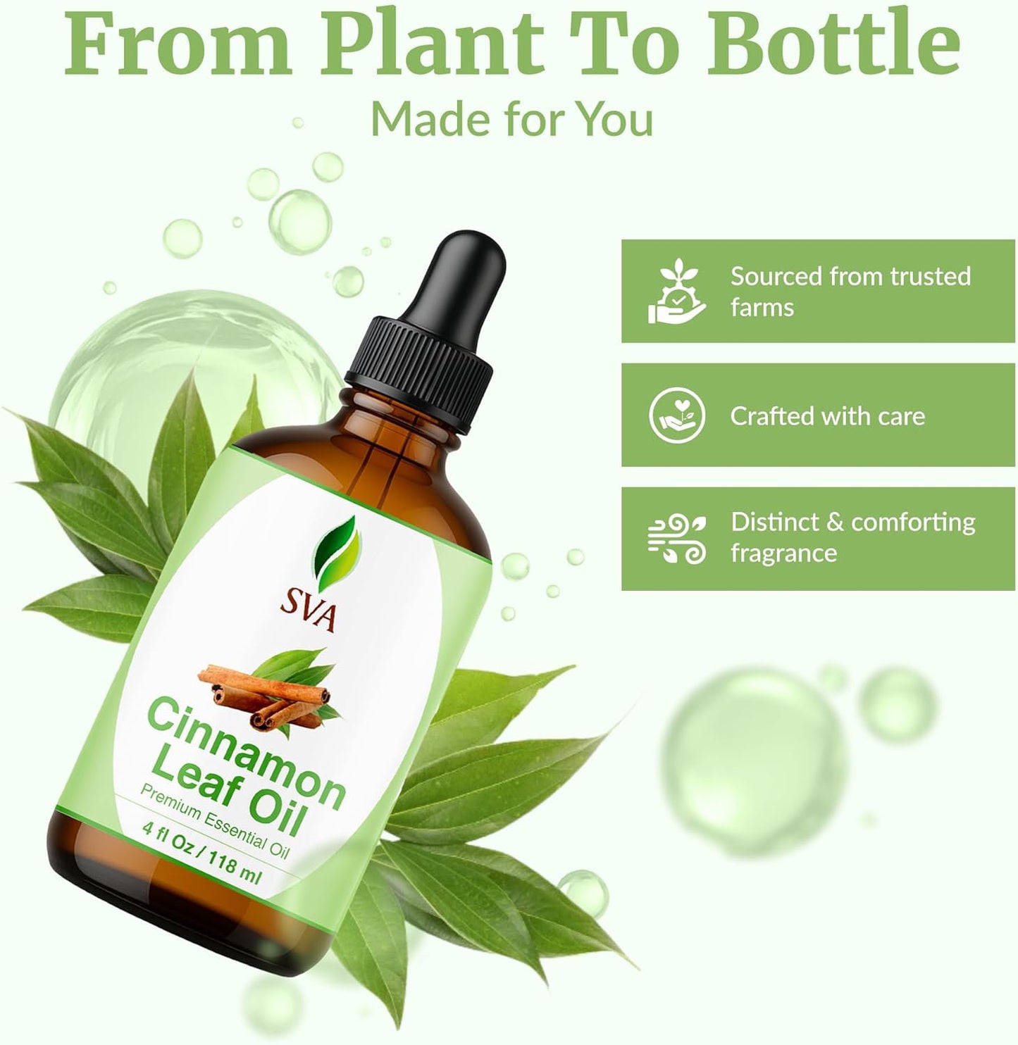 SVA Cinnamon Leaf Essential Oil – 4 Fl Oz – 100% Natural Cinnamon Oil - for Diffuser, Hair Care, Face, Skin Care, Aromatherapy, Scalp and Body Massage, Soap and Candle Making – with Dropper