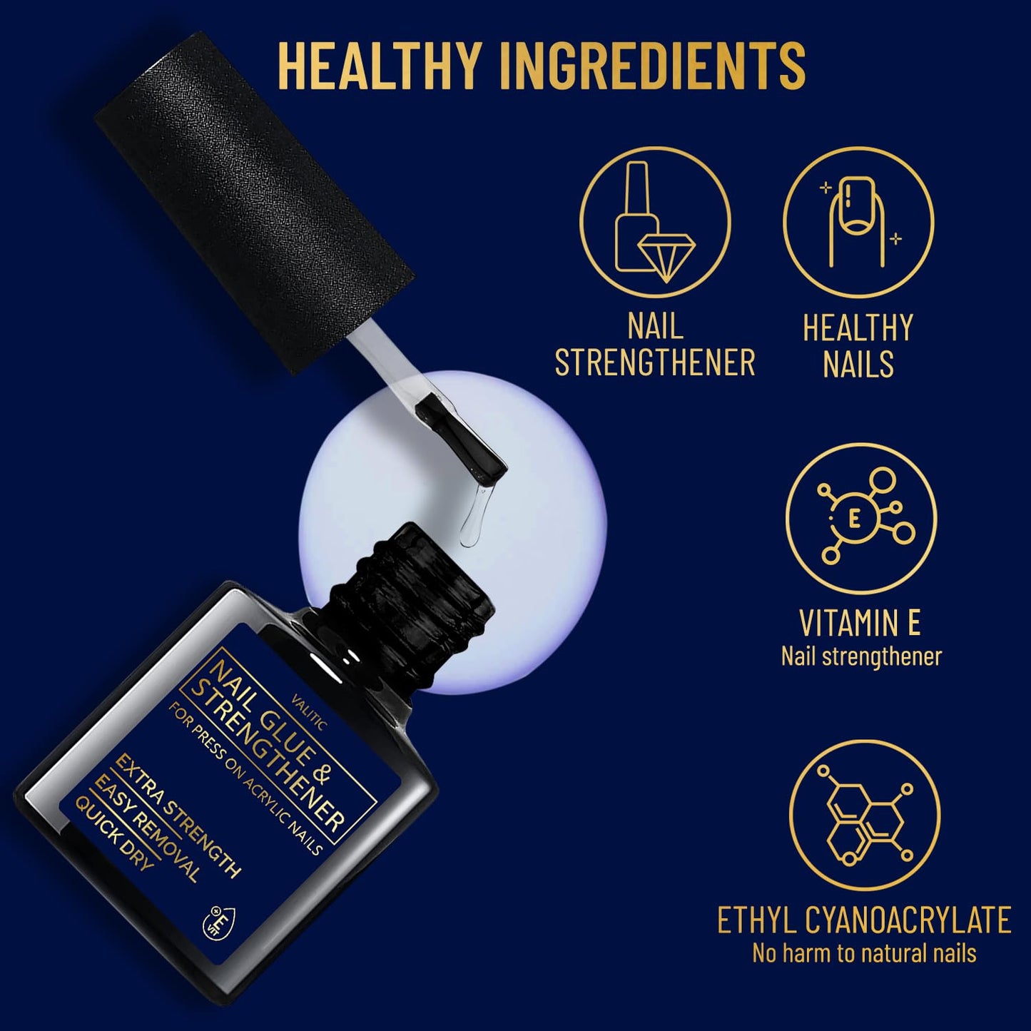 Valitic Strong Nail Glue and Strengthener for Acrylic and Press On Nails - Quick Dry Brush On Gel for Long Lasting Effect - Adhesive Nail Bond for False Nails with Tips Strengthener - 4 PACK