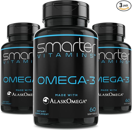 (3 Pack) Smarter Omega 3 Fish Oil, Berry Flavor, Burpless, Tasteless, 2000mg, DHA EPA Triple Strength Brain, Joint and Heart Support, Made with AlaskOmega®