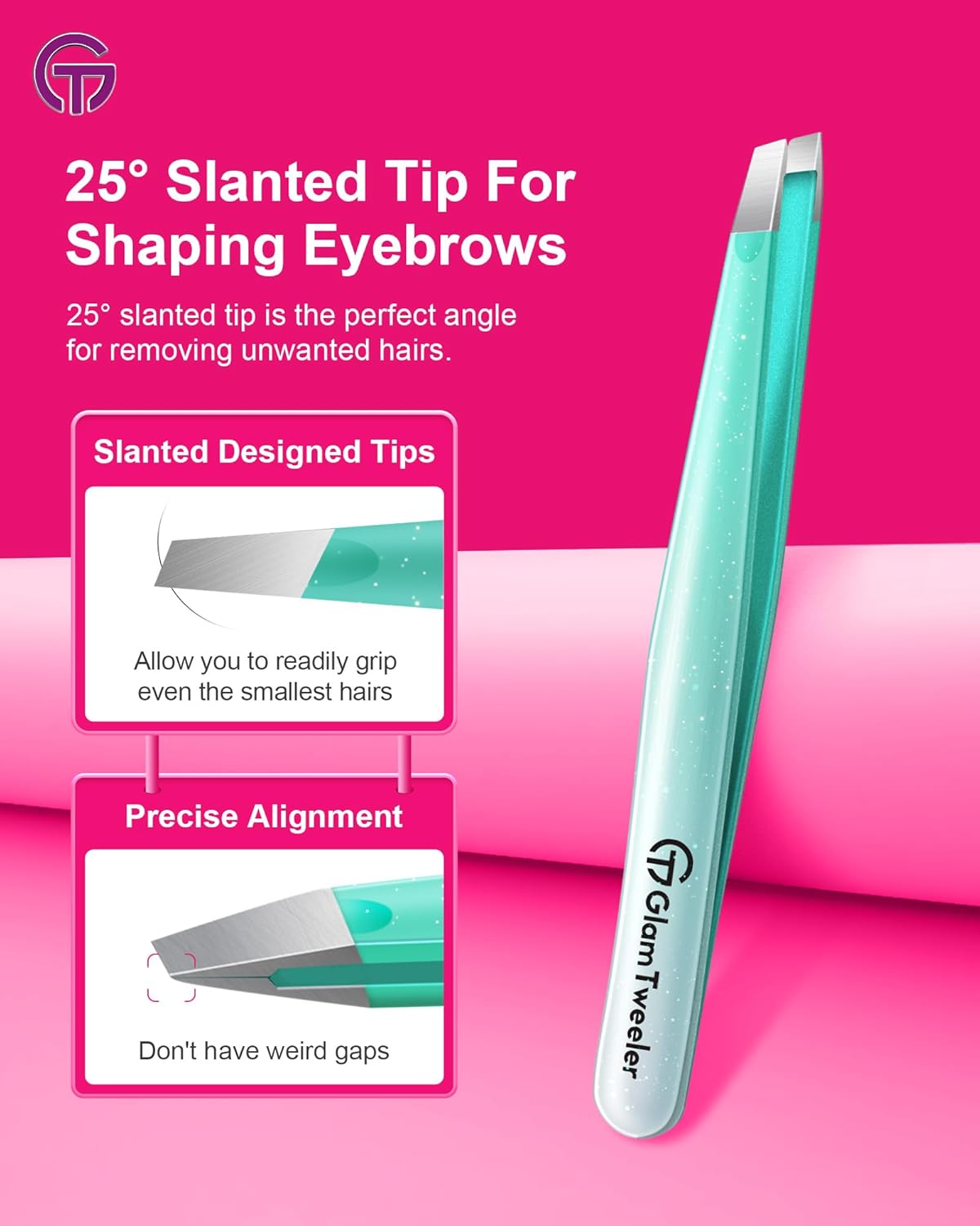 Expert Slant and Point Tip Tweezer Set with Exclusive Storage & Carrying Case, GlamTweeler Sharp & Precision Tweezer Set for Eyebrows, Facial Hairs & Fine Hairs Removal (Sparkle Mint Green + Silver)