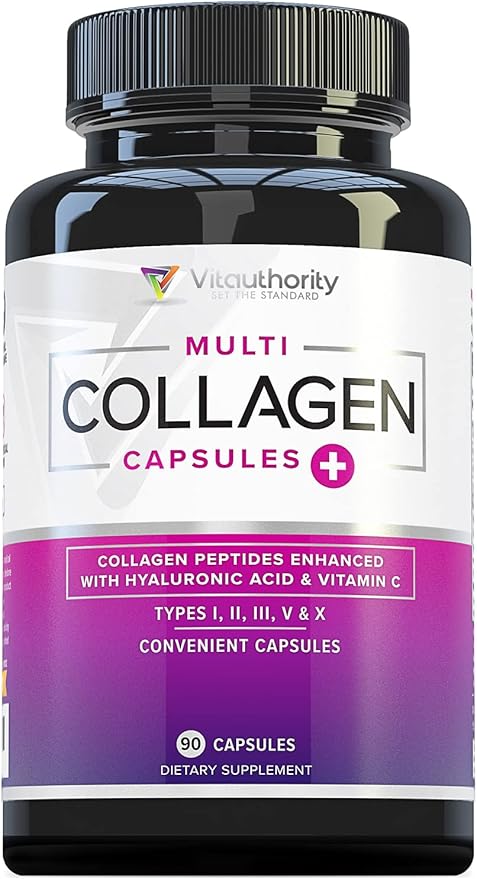 Vitauthority Multi Collagen Pills for Women and Men High Absorption Hydrolyzed Collagen Peptides Capsules for Hair Skin and Nails with Types I II III V X Hyaluronic Acid and Vitamin C - 30 Servings