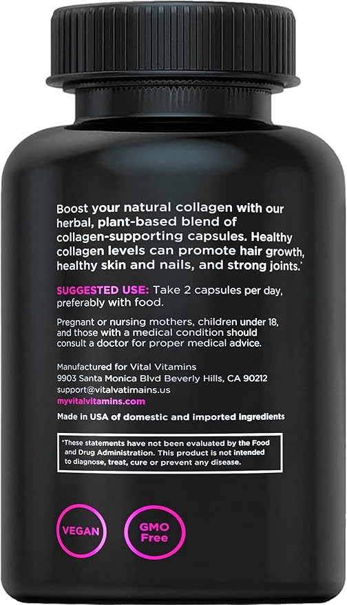 Vital Vitamins Vegan Collagen Booster - Plant Collagen Supplements - Supports Hair, Skin, Nails & Joints - with Hyaluronic Acid - 60 Capsules