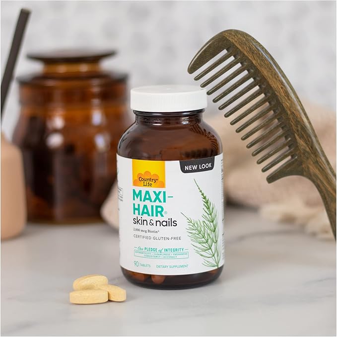 Country Life Maxi-Hair Supplement - 2000mcg Biotin & Vitamins for Hair, Skin & Nails - Certified Gluten-Free & Vegetarian - Supports Hair Growth, 90 Tablets