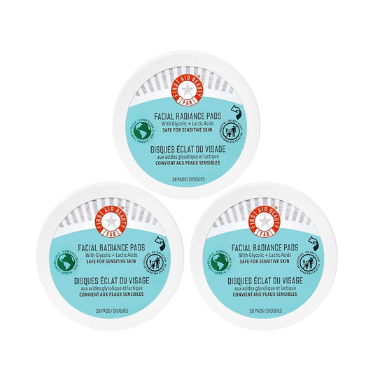 First Aid Beauty - Facial Radiance Pads with Glycolic & Lactic acids, Daily Exfoliating pads with AHA to Help Tone & Brighten Skin, One Step Makeup Prep, Compostable for Daily Use, 28 Pads, 3 ct