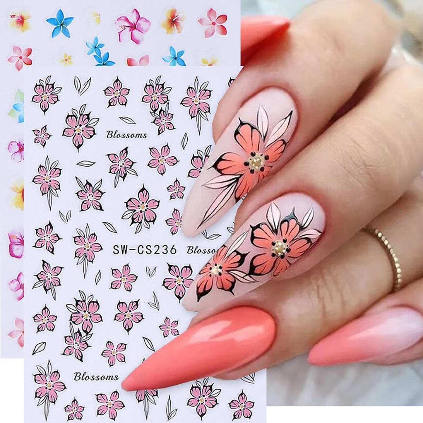 6 Sheets Flower Nail Art Stickers 3D Self-Adhesive Spring Summer Nail Sticker Butterfly Nails Art Decals Holographic Floral Nails Decal Decoration for Women Blossom Manicure DIY Nail Supplies
