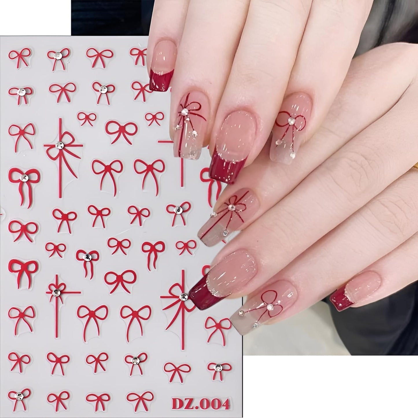 4 Sheets Bow Nail Stickers, 5D Embossed White Black Red, DIY Acrylic Nails, Bow Nail Supplies for Women