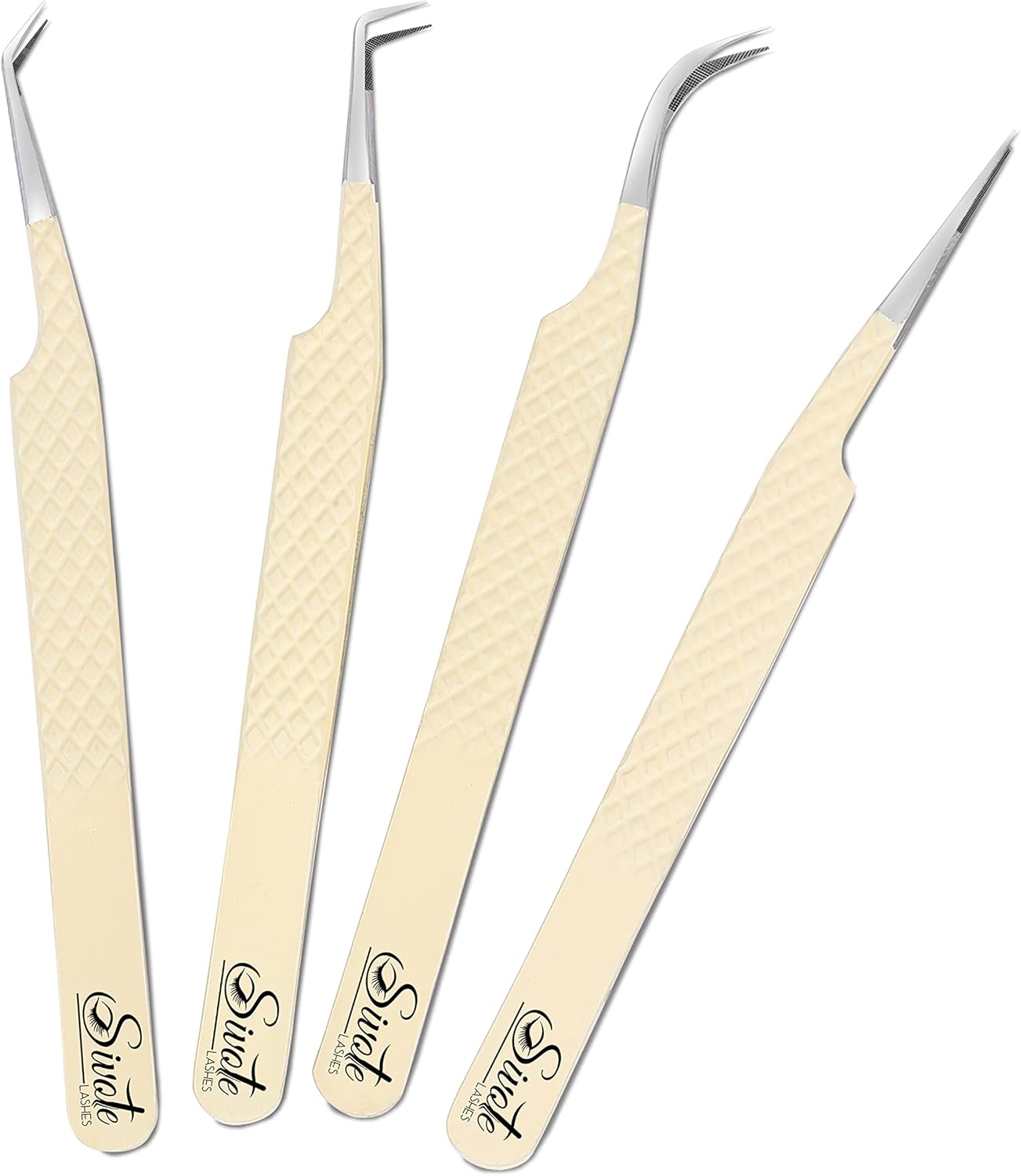 SIVOTE Fiber Tips Lash Tweezers for Eyelash Extensions, Set of 4, Curved, Dolphin, 90 Degree & 45 Degree Tweezer, Vanilla