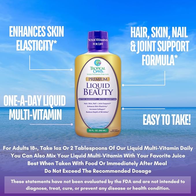 Tropical Oasis - Liquid Beauty | Supplement for Hair, Skin, & Nail Growth, Weight Control, Joint Support - Biotin + Hydrolyzed Collagen (32 Servings)