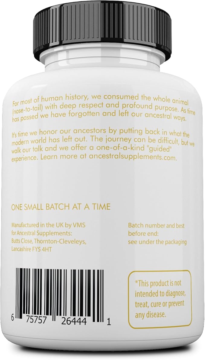 Ancestral Supplements Grass Fed Beef Living Collagen Nutritional Powder Supplement, 3000mg, Promotes Healthier, Younger Looking Skin, Hair, Nails and Joints, Type II, 180 Capsules
