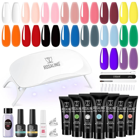 ROSALIND 16 Colors Poly Nail Gel Kit With Mini Lamp - Clear Neon Starter Kit for Beginners, HalloweenAll Seasons Classic Colors Builder Neon Nail Gel Set Holiday
