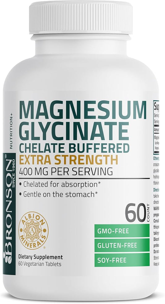 Bronson Magnesium Glycinate 400mg Extra Strength, Vegetarian, Chelated for Absorption Gentle on The Stomach, Non-GMO, 60 Tablets