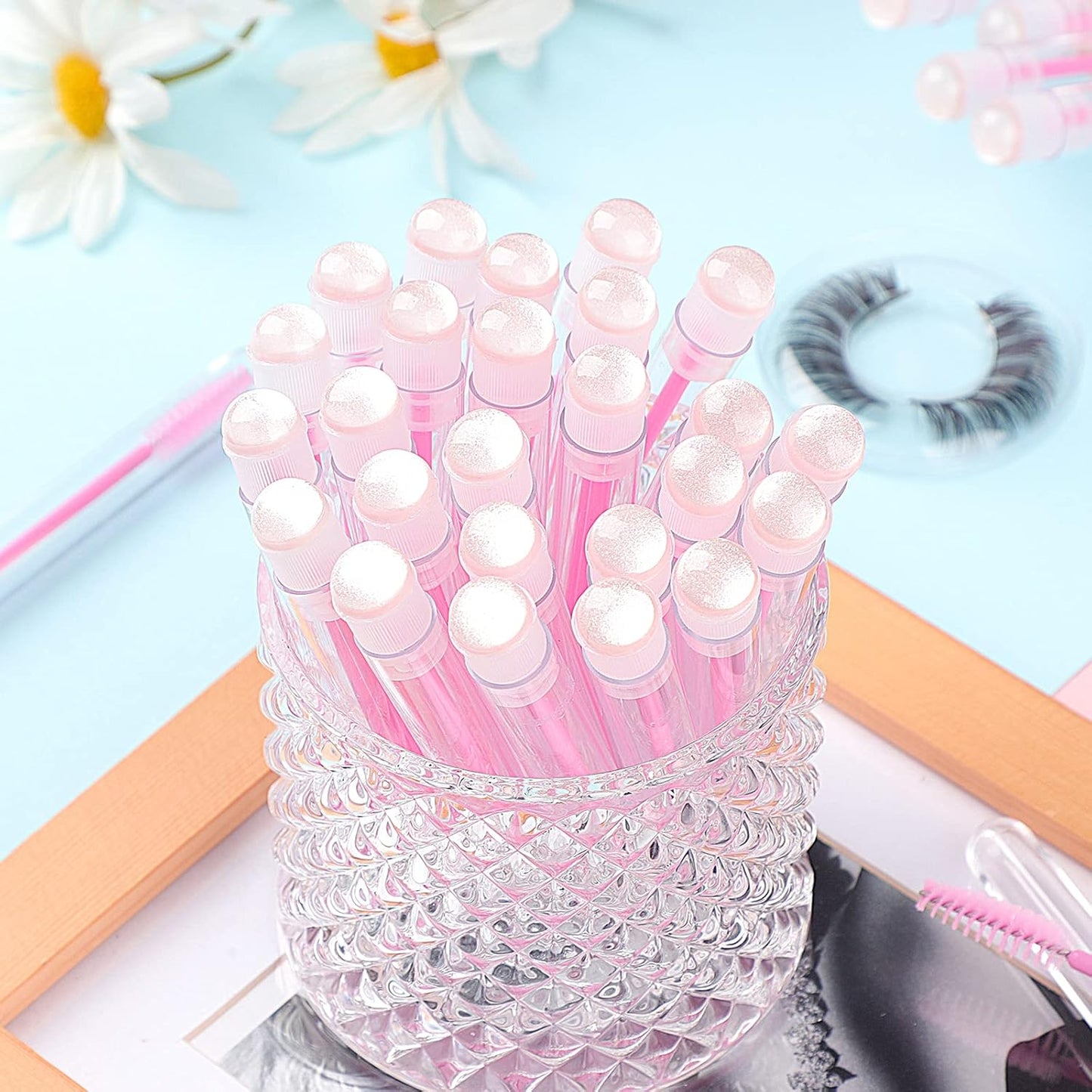20 Pieces Disposable Mascara Brushes Eyelash Brush Wand Diamond Mascara Wands with Tube Makeup Tool Lash Spoolies Sanitary Brushes Lash Extension Supplies (Tube Sky Pink 20)