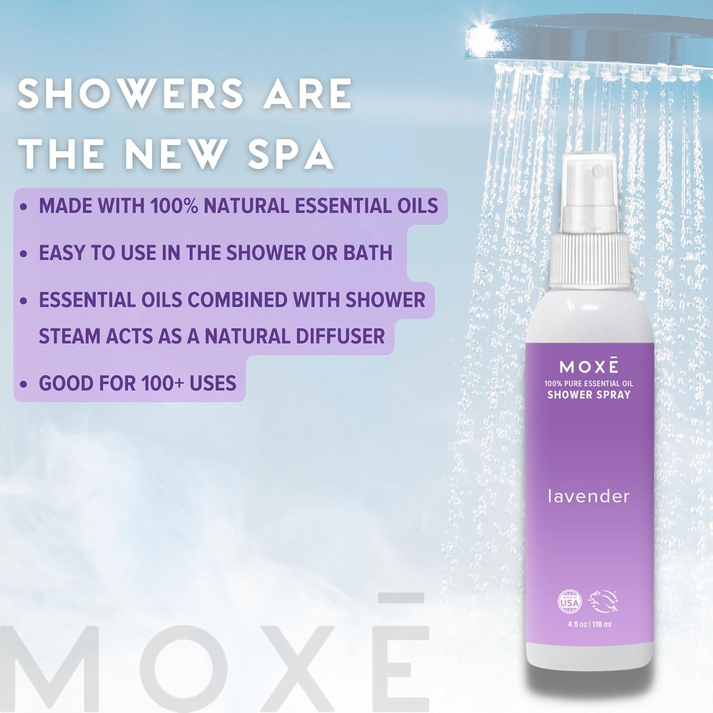 MOXE Lavender Oil Shower Mist, Spa Steam Spray, Certified Natural 100% Essential Oils, Made in USA, Aromatherapy, Tension Relief (4 FL Oz, Pack of 2)