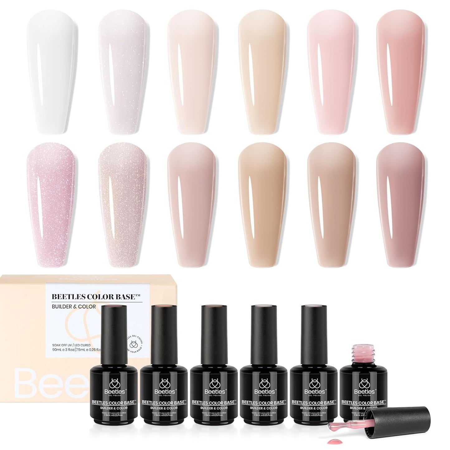 Beetles 12 Color Rubber Base Gel Polish, Nude Gel Nail Polish 5 in 1 Nude Porcelain Doll Pink Strengthener Soak Off U V Nail Art Design DIY at Home Gifts for Women
