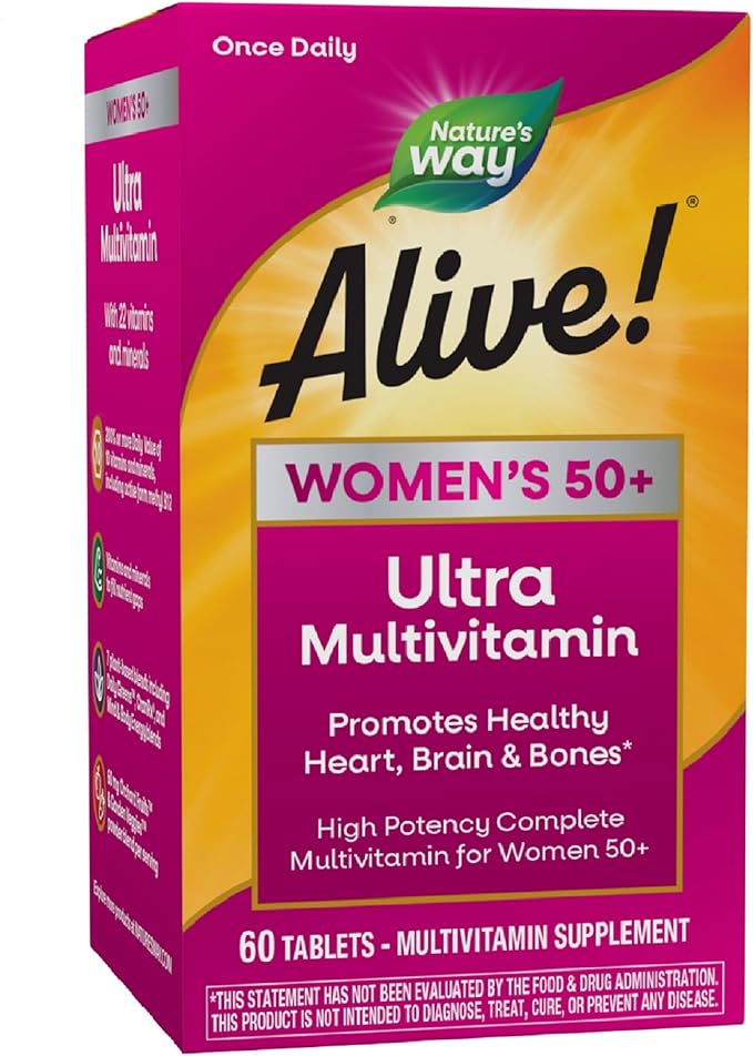 Nature’s Way Alive! Women’s 50+ Ultra Potency Complete Multivitamin, High Potency Formula, Promotes Healthy Heart, Brain, Bones*, with Methylated B12, Gluten-Free, 60 Tablets (Packaging May Vary)