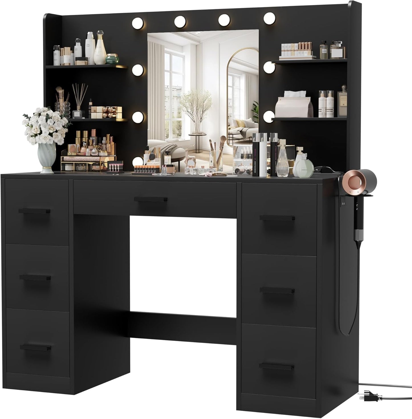 Furmax Vanity Desk with Mirror, LED Lights and Power Outlet Makeup Vanity Table with 7 Drawers and 6 Storage Shelves Dressing Table for Bedroom Dressing Room (Black)